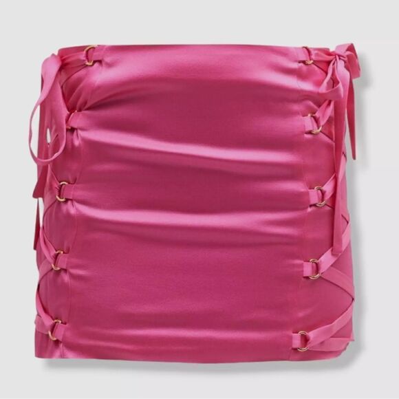 NWT Dundas Women's Pink Bambi Lace-Up Satin Mini Skirt Size IT40 US4 - Picture 12 of 15